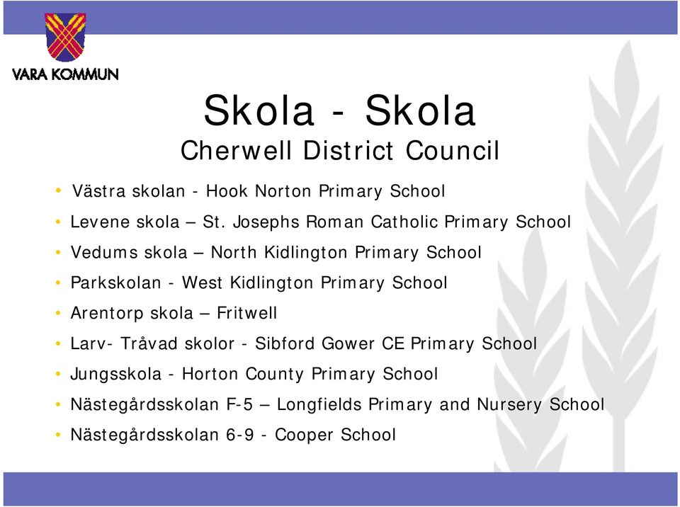 Kidlington Primary School Arentorp skola Fritwell Larv-Tråvad skolor -Sibford Gower CE Primary School