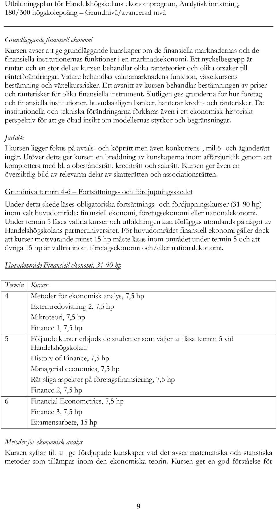 Vidare behandlas valutamarknadens funktion, växelkursens bestämning och växelkursrisker. Ett avsnitt av kursen behandlar bestämningen av priser och ränterisker för olika finansiella instrument.