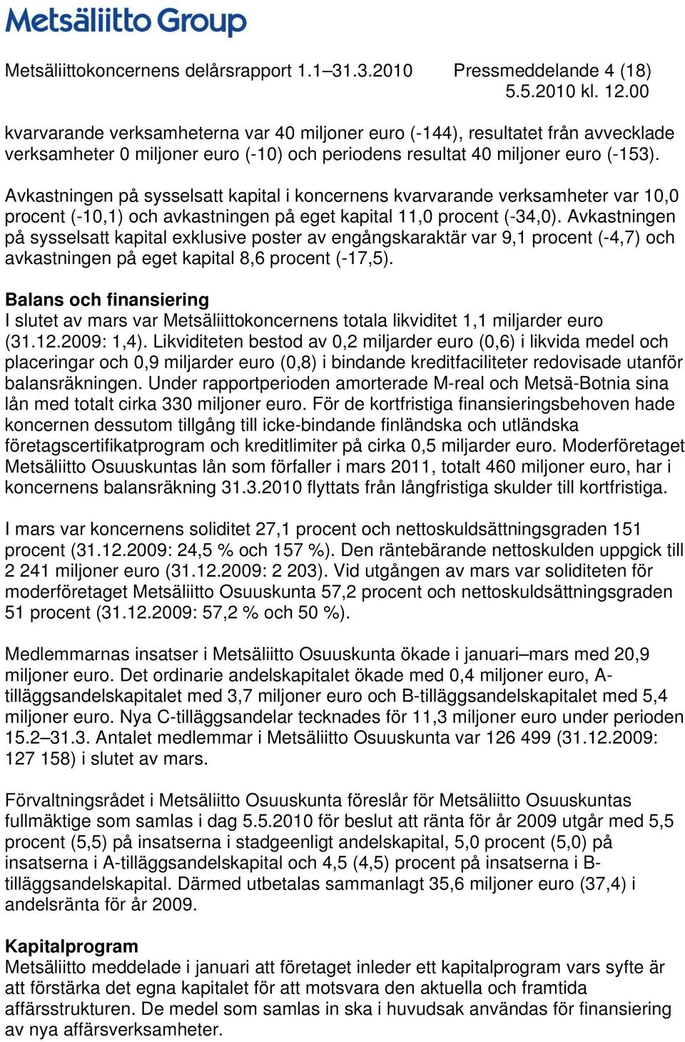 Avkastningen på sysselsatt kapital i koncernens kvarvarande verksamheter var 10,0 procent (-10,1) och avkastningen på eget kapital 11,0 procent (-34,0).