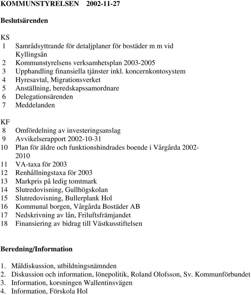 för äldre och funktionshindrades boende i Vårgårda 2002-2010 11 VA-taxa för 2003 12 Renhållningstaxa för 2003 13 Markpris på ledig tomtmark 14 Slutredovisning, Gullhögskolan 15 Slutredovisning,