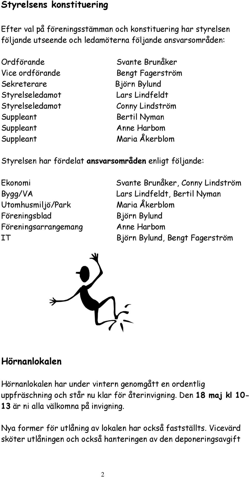 fördelat ansvarsområden enligt följande: Ekonomi Bygg/VA Utomhusmiljö/Park Föreningsblad Föreningsarrangemang IT Svante Brunåker, Conny Lindström Lars Lindfeldt, Bertil Nyman Maria Åkerblom Björn