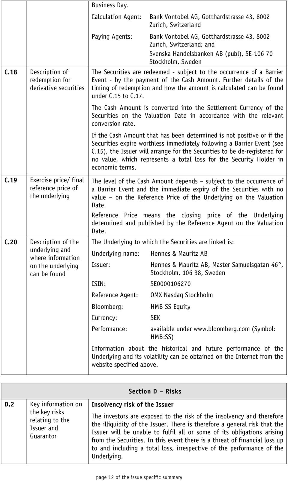 The Securities are redeemed - subject to the occurrence of a Barrier Event - by the payment of the Cash Amount.