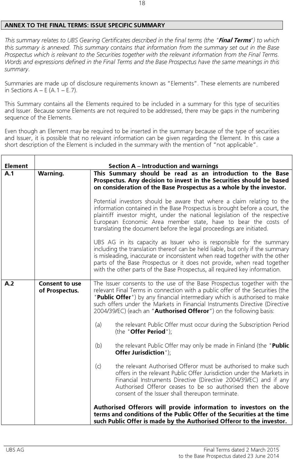 Words and expressions defined in the Final Terms and the Base Prospectus have the same meanings in this summary. Summaries are made up of disclosure requirements known as Elements.