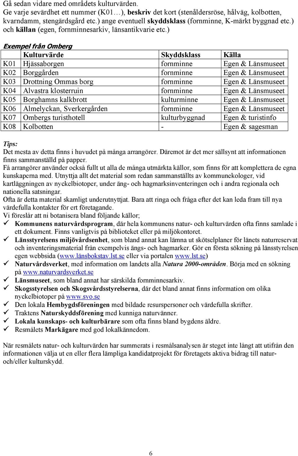 ) Exempel från Omberg Kulturvärde Skyddsklass Källa K01 Hjässaborgen fornminne Egen & Länsmuseet K02 Borggården fornminne Egen & Länsmuseet K03 Drottning Ommas borg fornminne Egen & Länsmuseet K04