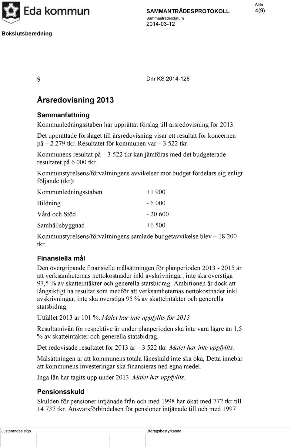 Kommunens resultat på 3 522 tkr kan jämföras med det budgeterade resultatet på 6 000 tkr.