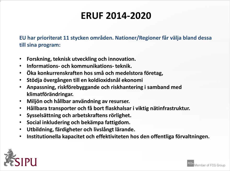 Öka konkurrenskraften hos små och medelstora företag, Stödja övergången till en koldioxidsnål ekonomi Anpassning, riskförebyggande och riskhantering i samband med