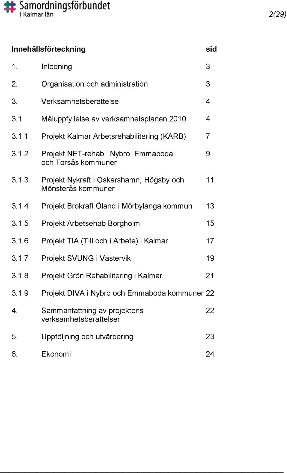 1.5 Projekt Arbetsehab Borgholm 15 3.1.6 Projekt TIA (Till och i Arbete) i Kalmar 17 3.1.7 Projekt SVUNG i Västervik 19 3.1.8 Projekt Grön Rehabilitering i Kalmar 21 3.1.9 Projekt DIVA i Nybro och Emmaboda kommuner 22 4.