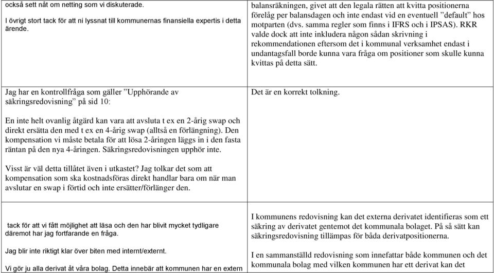 RKR valde dock att inte inkludera någon sådan skrivning i rekommendationen eftersom det i kommunal verksamhet endast i undantagsfall borde kunna vara fråga om positioner som skulle kunna kvittas på