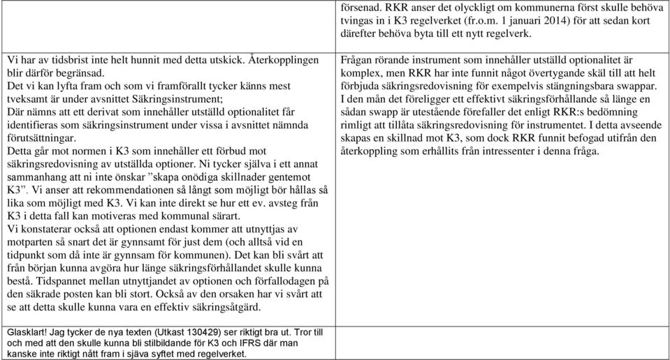 Det vi kan lyfta fram och som vi framförallt tycker känns mest tveksamt är under avsnittet Säkringsinstrument; Där nämns att ett derivat som innehåller utställd optionalitet får identifieras som