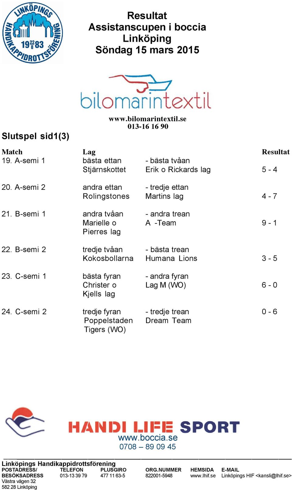 B-semi 1 andra tvåan - andra trean Marielle o A -Team 9-1 Pierres lag 22.