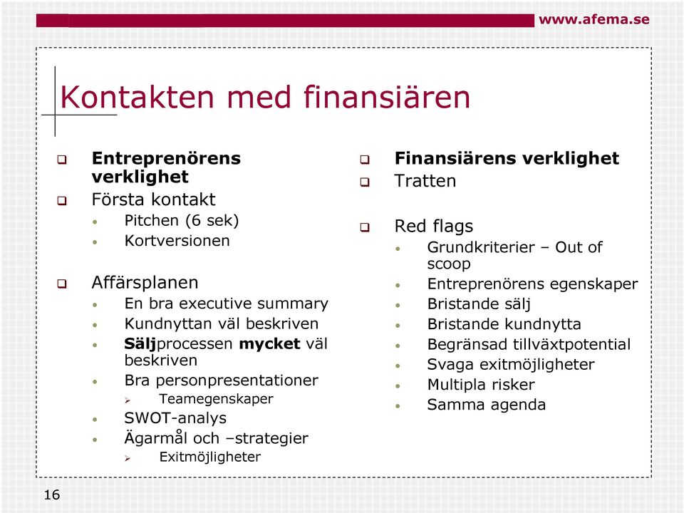 SWOT-analys Ägarmål och strategier Exitmöjligheter Finansiärens verklighet Tratten Red flags Grundkriterier Out of scoop