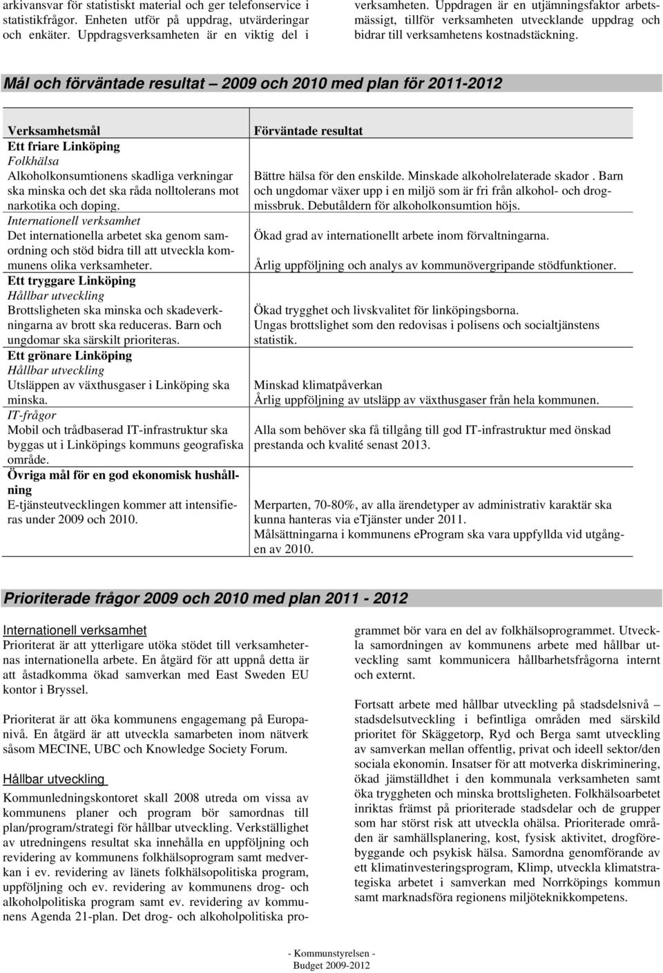 Mål och förväntade resultat 2009 och 2010 med plan för 2011-2012 Verksamhetsmål Ett friare Linköping Folkhälsa Alkoholkonsumtionens skadliga verkningar ska minska och det ska råda nolltolerans mot