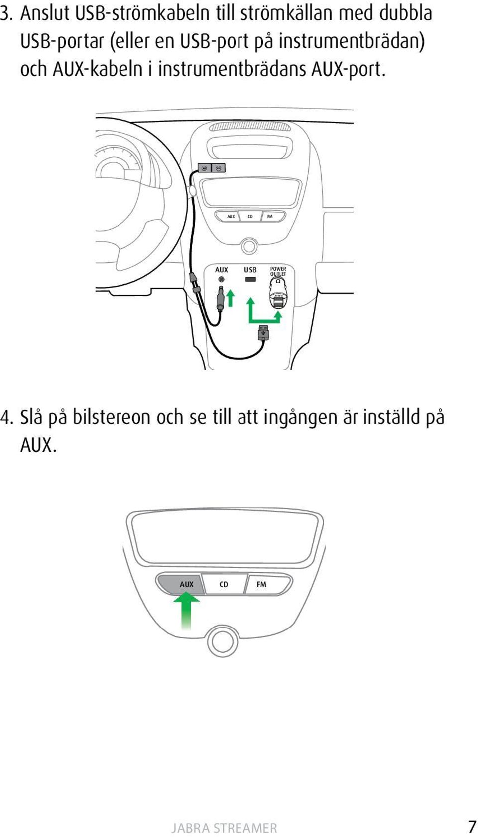 en USB-port på instrumentbrädan) och AUX-kabeln i instrumentbrädans