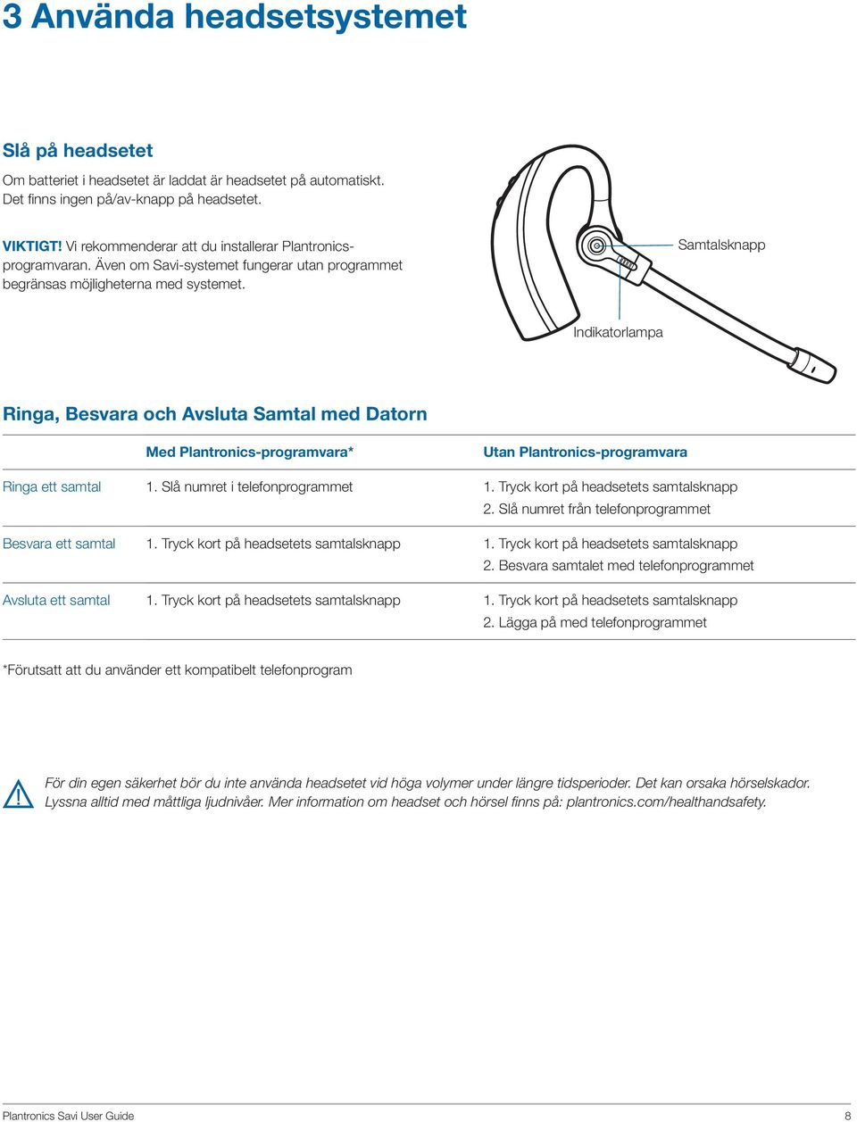 Samtalsknapp Indikatorlampa Ringa, Besvara och Avsluta Samtal med Datorn Med Plantronics-programvara* Utan Plantronics-programvara Ringa ett samtal 1. Slå numret i telefonprogrammet 1.