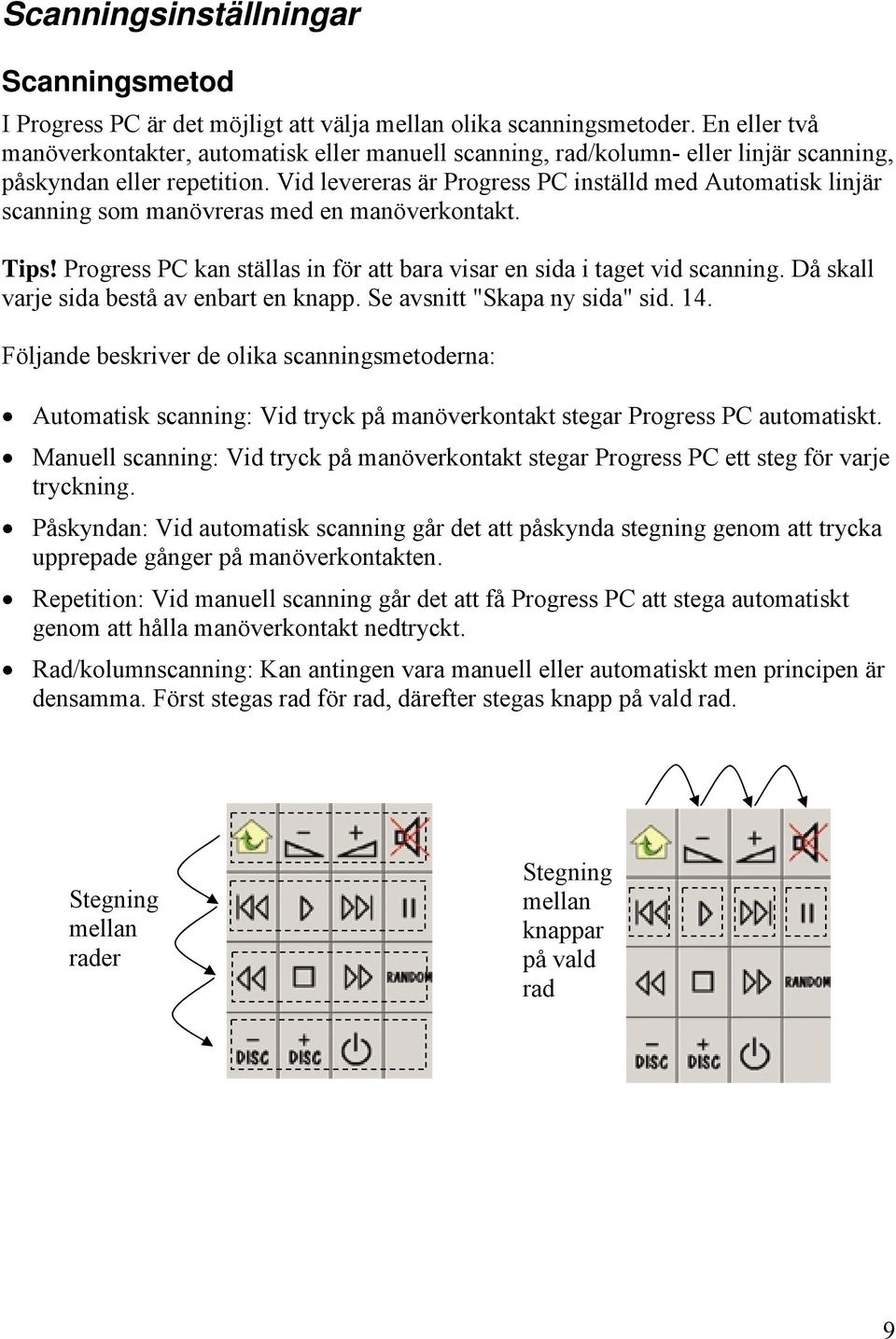 Vid levereras är Progress PC inställd med Automatisk linjär scanning som manövreras med en manöverkontakt. Tips! Progress PC kan ställas in för att bara visar en sida i taget vid scanning.