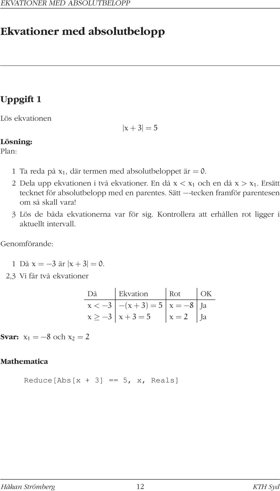 Sätt -tecken framför parentesen om så skall vara! 3 Lös de båda ekvationerna var för sig. Kontrollera att erhållen rot ligger i aktuellt intervall.