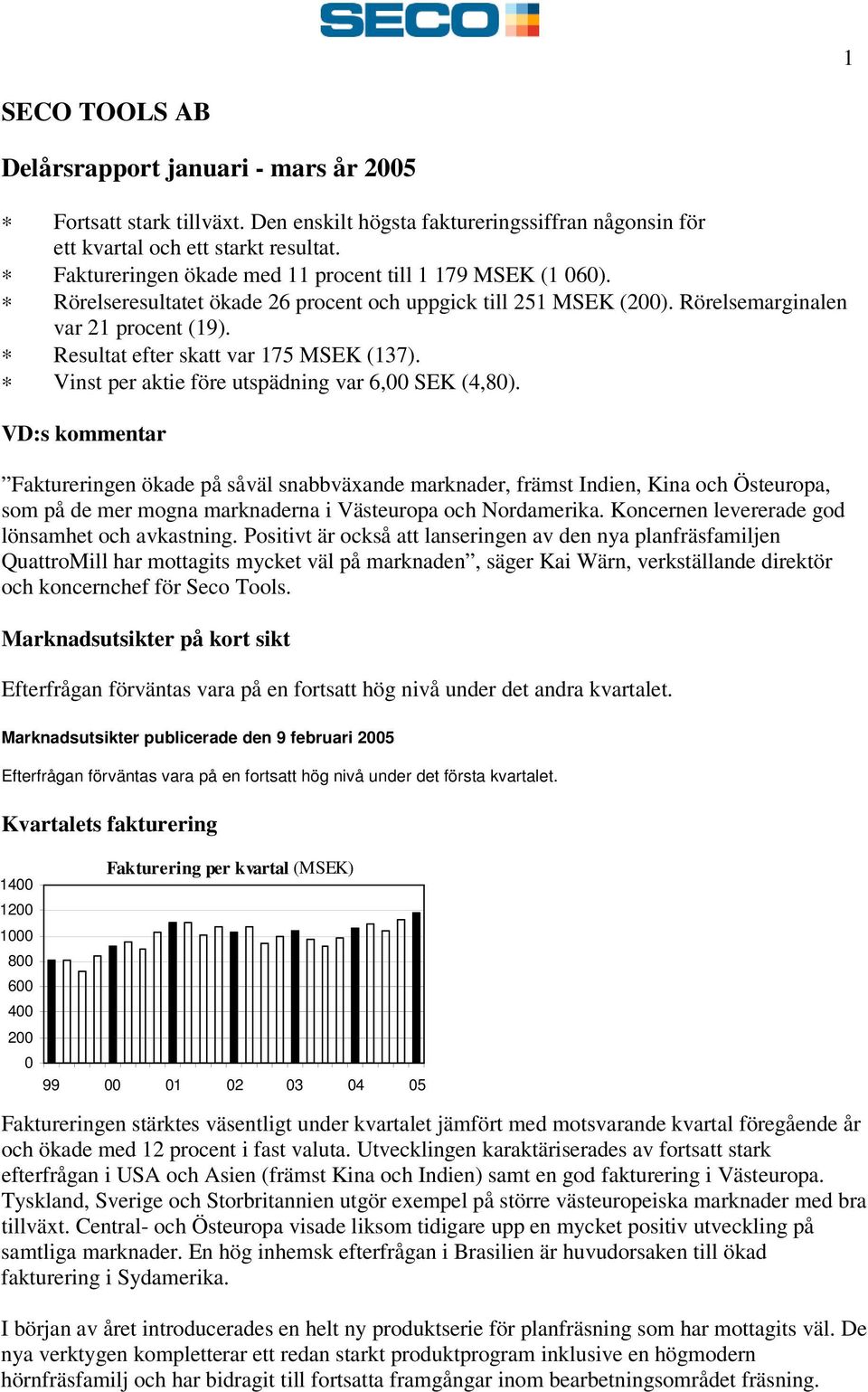 Resultat efter skatt var 175 MSEK (137). Vinst per aktie före utspädning var 6,00 SEK (4,80).