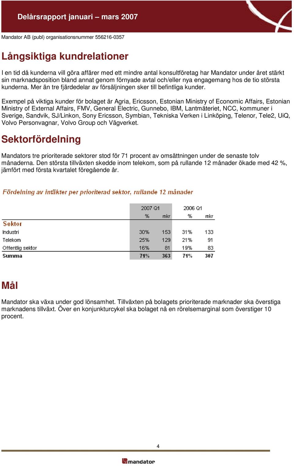 Exempel på viktiga kunder för bolaget är Agria, Ericsson, Estonian Ministry of Economic Affairs, Estonian Ministry of External Affairs, FMV, General Electric, Gunnebo, IBM, Lantmäteriet, NCC,