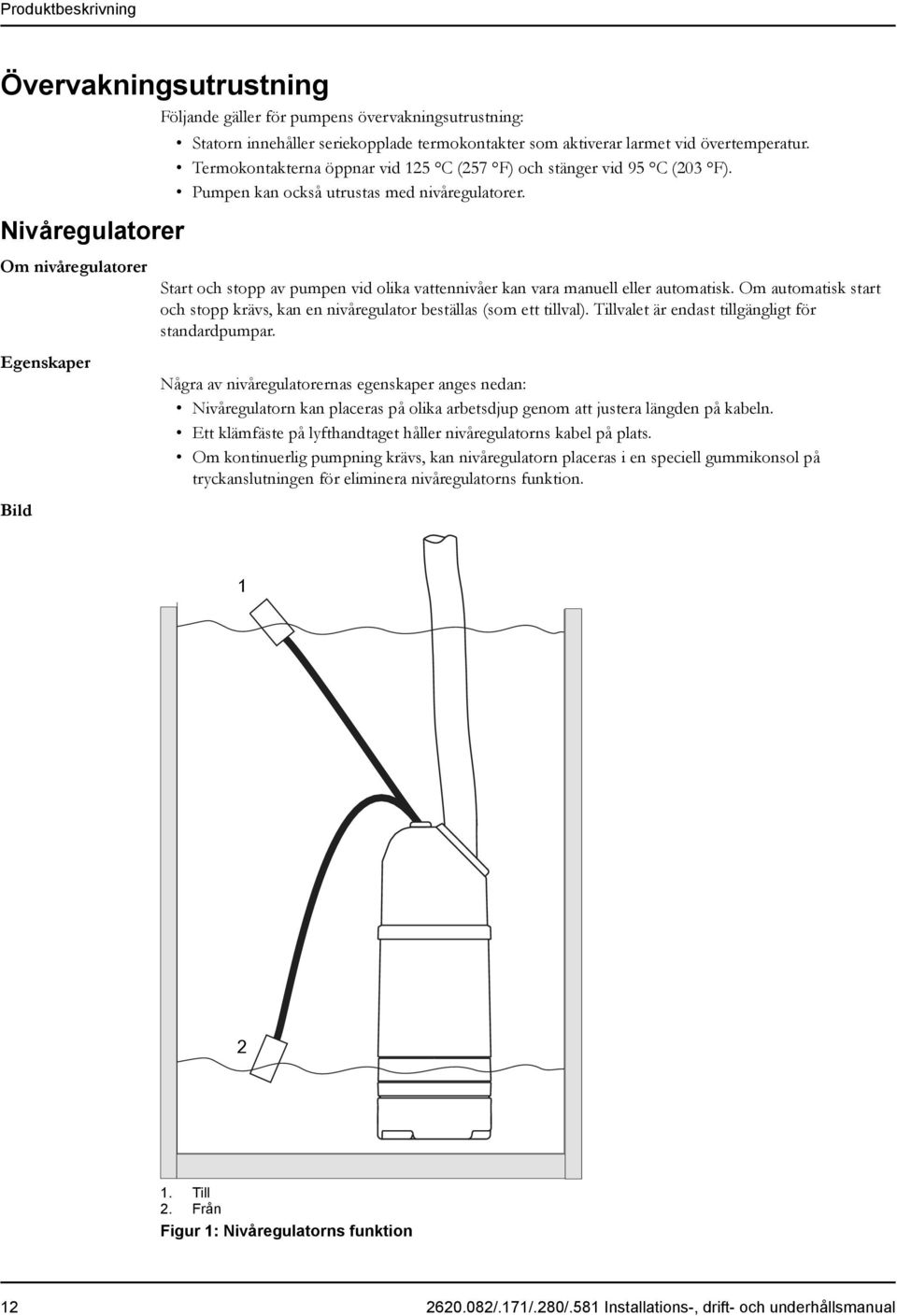 Om nivåregulatorer Egenskaper Bild Start och stopp av pumpen vid olika vattennivåer kan vara manuell eller automatisk.