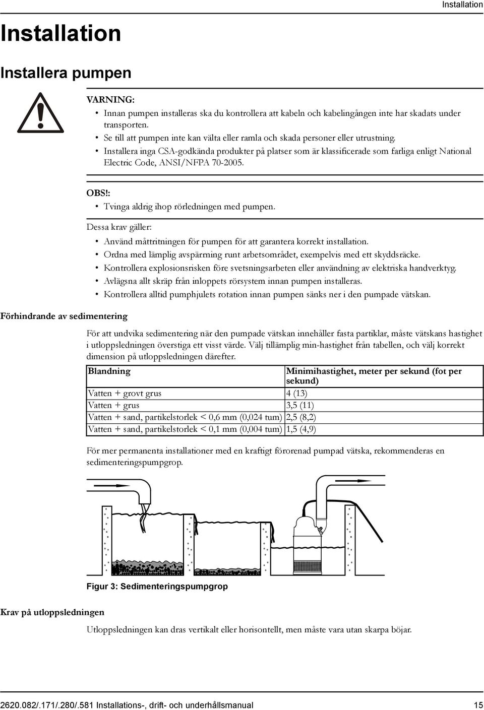 Installera inga CSA-godkända produkter på platser som är klassificerade som farliga enligt National Electric Code, ANSI/NFPA 70-2005. OBS!: Tvinga aldrig ihop rörledningen med pumpen.