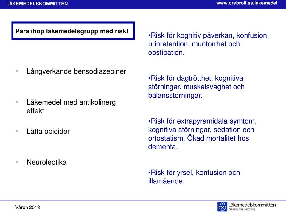 påverkan, konfusion, urinretention, muntorrhet och obstipation.