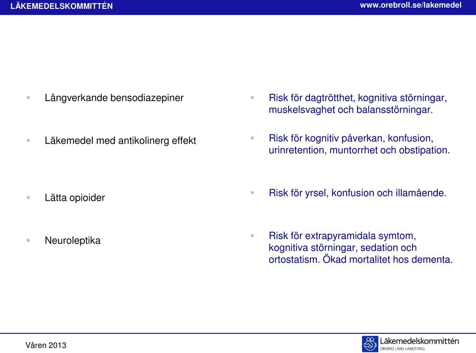 Läkemedel med antikolinerg effekt Risk för kognitiv påverkan, konfusion, urinretention, muntorrhet