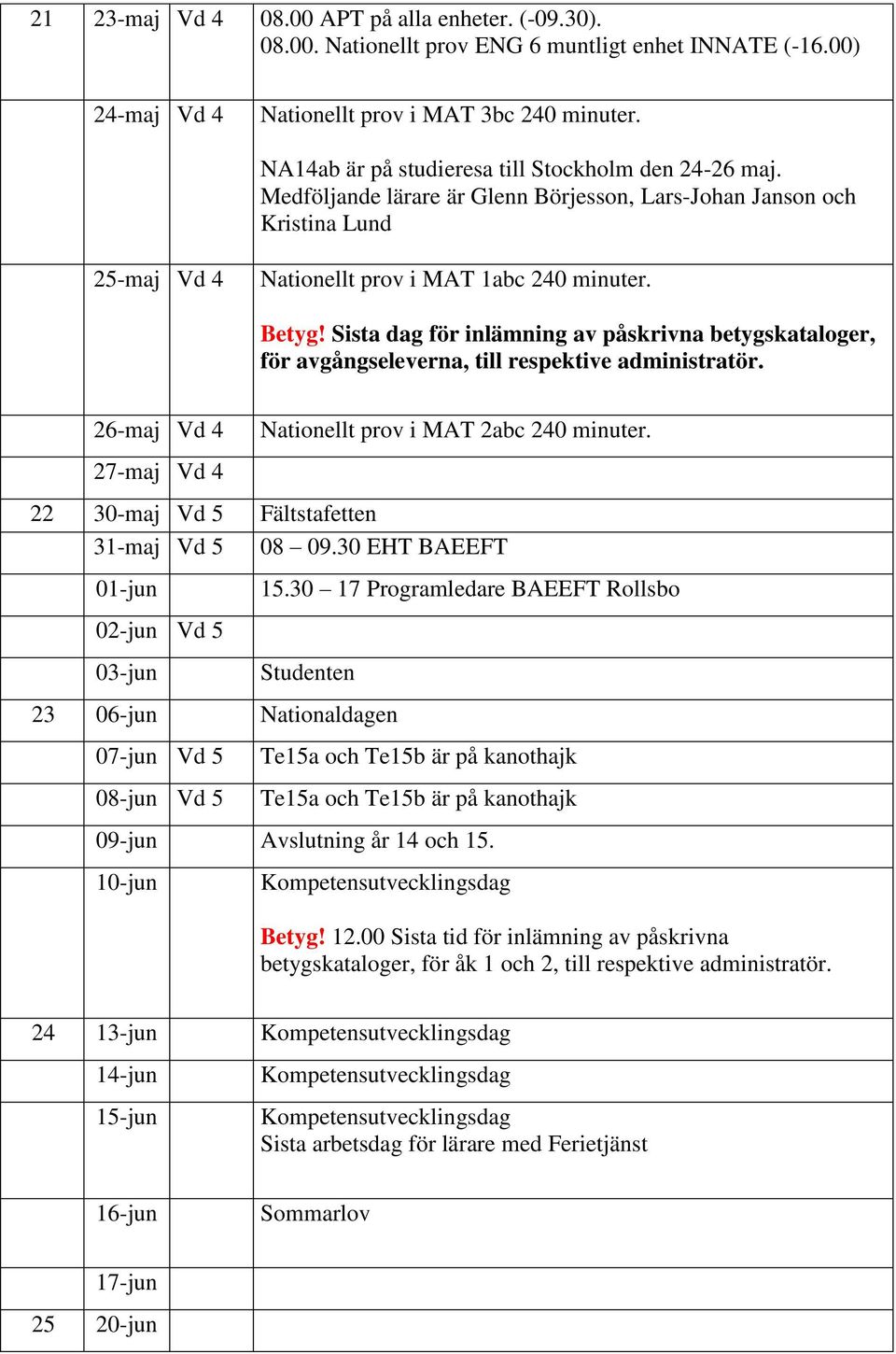 Sista dag för inlämning av påskrivna betygskataloger, för avgångseleverna, till respektive administratör. 26-maj Vd 4 27-maj Vd 4 Nationellt prov i MAT 2abc 240 minuter.