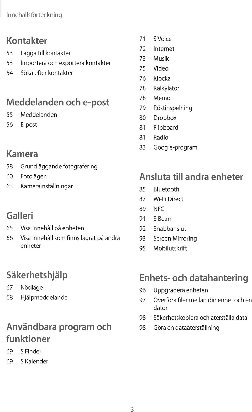 Kalkylator 78 Memo 79 Röstinspelning 80 Dropbox 81 Flipboard 81 Radio 83 Google-program Ansluta till andra enheter 85 Bluetooth 87 Wi-Fi Direct 89 NFC 91 S Beam 92 Snabbanslut 93 Screen Mirroring 95