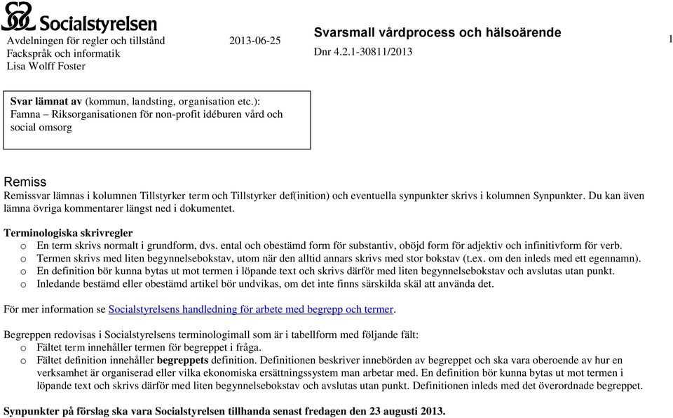 Du kan även lämna övriga kommentarer längst ned i dokumentet. Terminologiska skrivregler o En skrivs normalt i grundform, dvs.