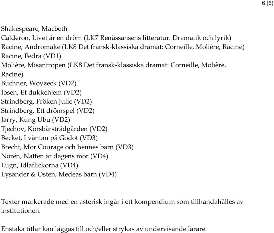 Racine) Buchner, Woyzeck (VD2) Ibsen, Et dukkehjem (VD2) Strindberg, Fröken Julie (VD2) Strindberg, Ett drömspel (VD2) Jarry, Kung Ubu (VD2) Tjechov, Körsbärsträdgården (VD2) Becket, I väntan på