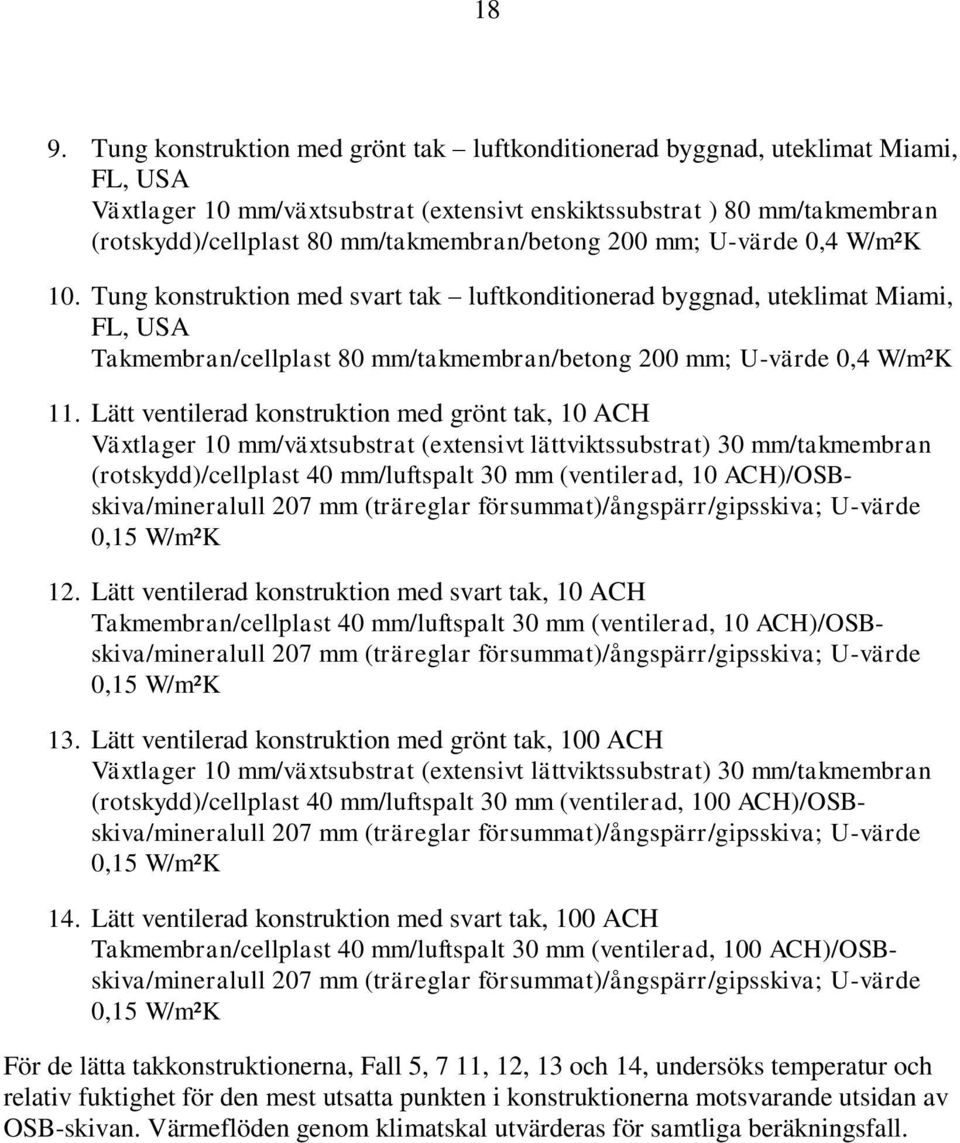 Tung konstruktion med svart tak luftkonditionerad byggnad, uteklimat Miami, FL, USA Takmembran/cellplast 80 mm/takmembran/betong 200 mm; U-värde 0,4 W/m²K 11.