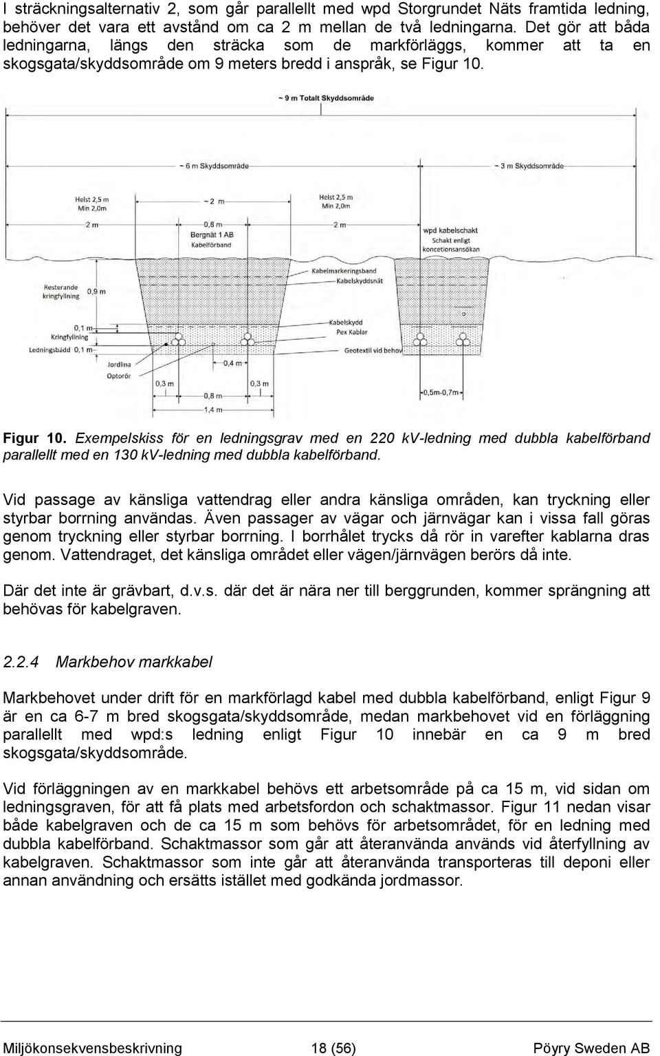 Figur 10. Exempelskiss för en ledningsgrav med en 220 kv-ledning med dubbla kabelförband parallellt med en 130 kv-ledning med dubbla kabelförband.