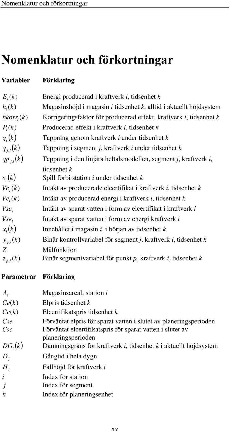 under tdsenhet k qp j, ( k) Tappnng den lnjära heltalsmodellen, segment j, kraftverk, tdsenhet k s Spll förb staton under tdsenhet k ( k) Vc (k) Intäkt av producerade elcertfkat kraftverk, tdsenhet k