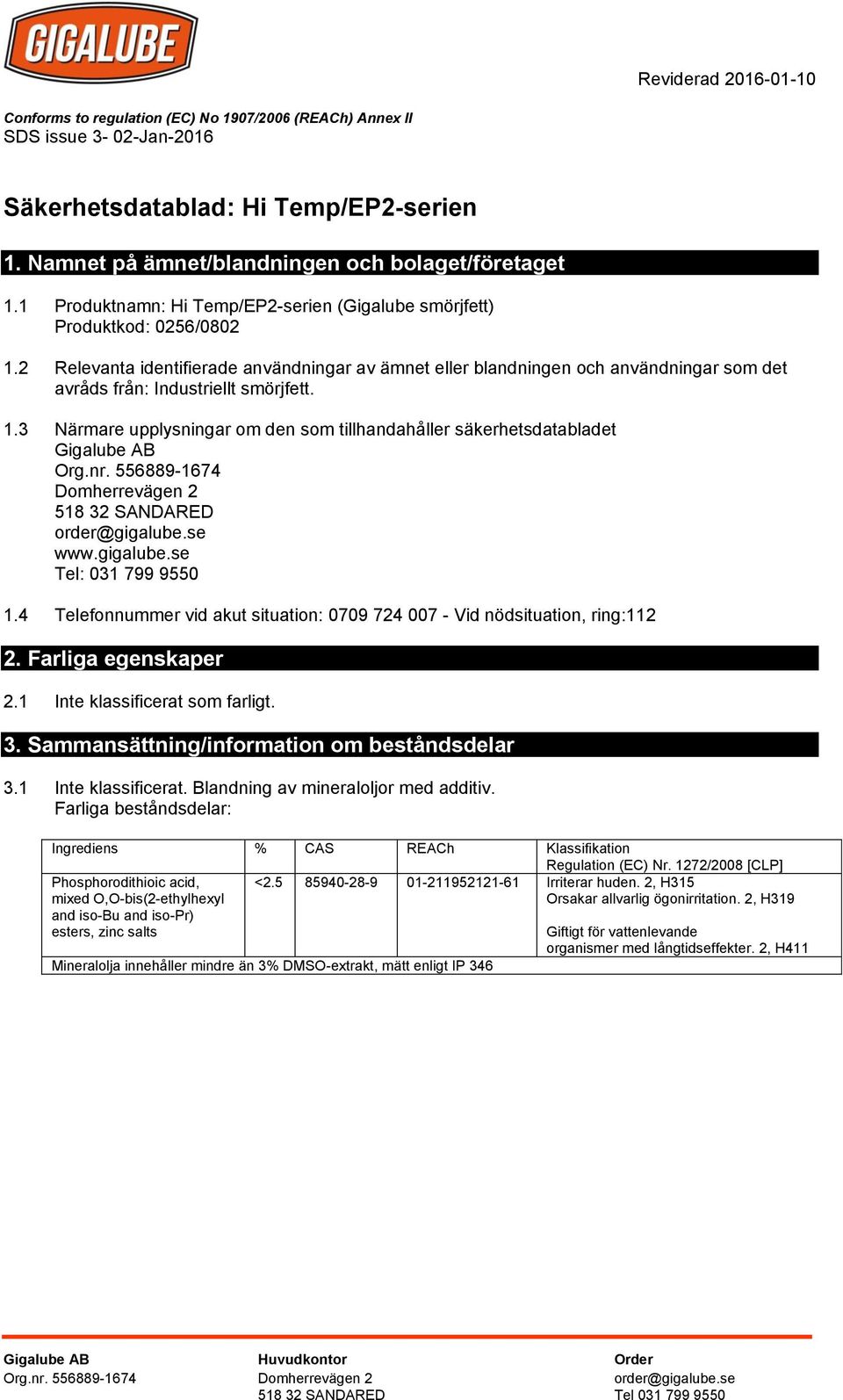 3 Närmare upplysningar om den som tillhandahåller säkerhetsdatabladet Gigalube AB Org.nr. 556889-1674 Domherrevägen 2 518 32 SANDARED order@gigalube.se www.gigalube.se Tel: 031 799 9550 1.