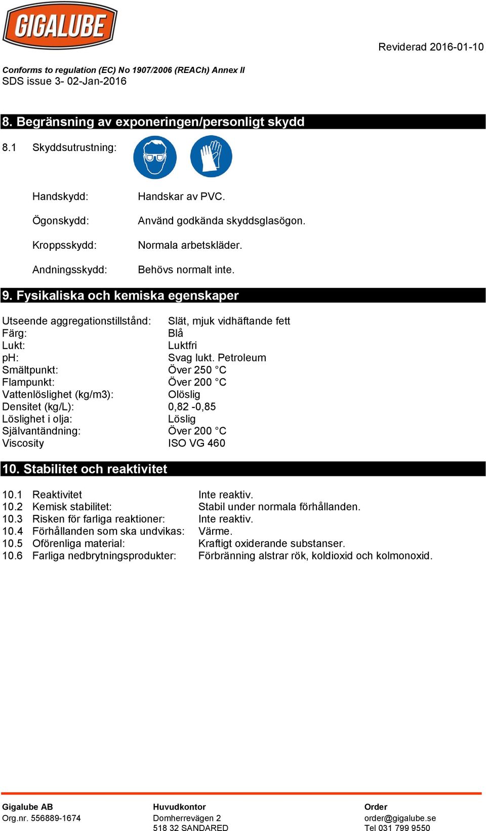 Petroleum Smältpunkt: Över 250 C Flampunkt: Över 200 C Vattenlöslighet (kg/m3): Olöslig Densitet (kg/l): 0,82-0,85 Löslighet i olja: Löslig Självantändning: Över 200 C Viscosity ISO VG 460 10.