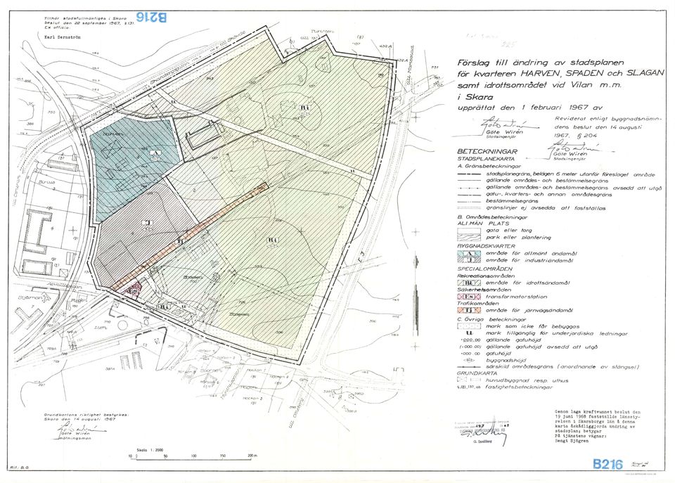 zf~-=t~ ~~;fe - - 1967 av februari Wiren Reviderat en;ql byggnadsnömn dens beslut den 4 august: 204 1967 Sadsingenjör t'~_ BETECKNNGAR Wiren S TADSPLANEKARTA stadsinge n jör A Gränsbefeckningar ---