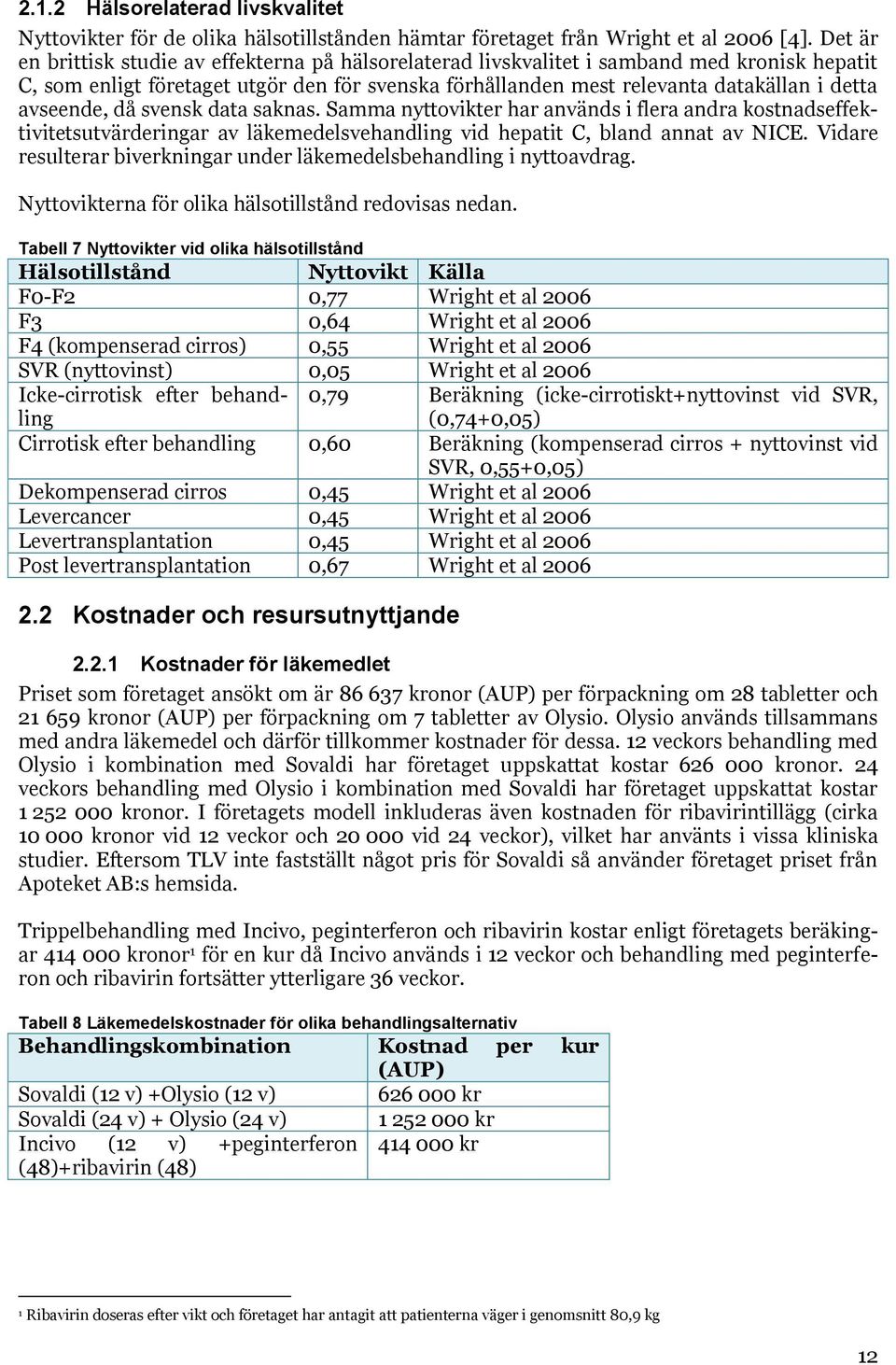 avseende, då svensk data saknas. Samma nyttovikter har används i flera andra kostnadseffektivitetsutvärderingar av läkemedelsvehandling vid hepatit C, bland annat av NICE.