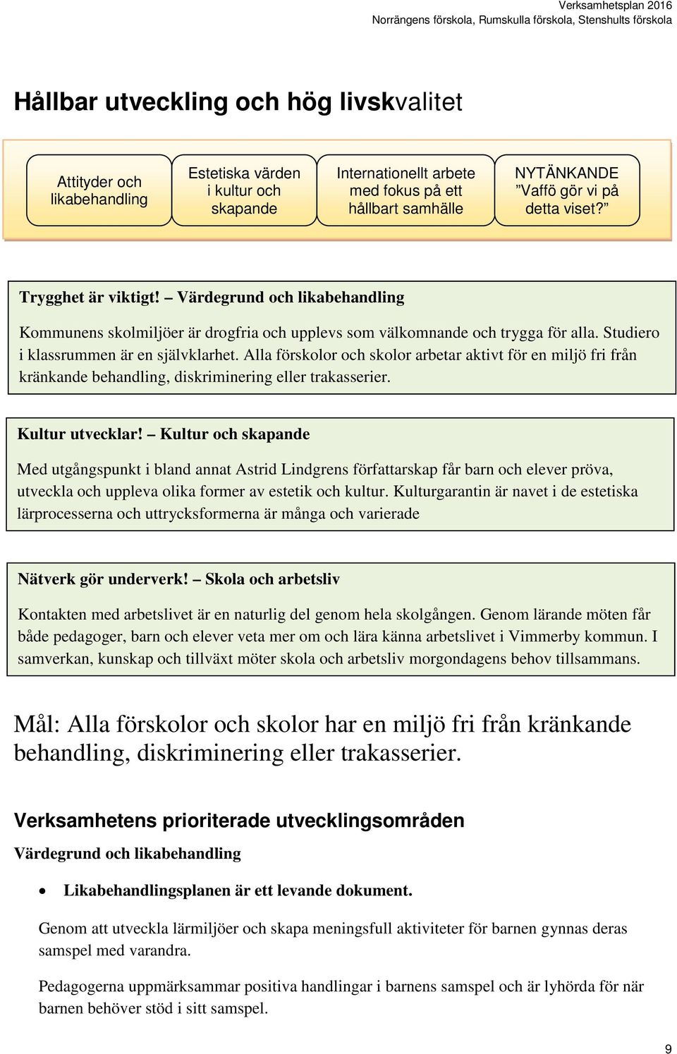 Alla förskolor och skolor arbetar aktivt för en miljö fri från kränkande behandling, diskriminering eller trakasserier. Kultur utvecklar!