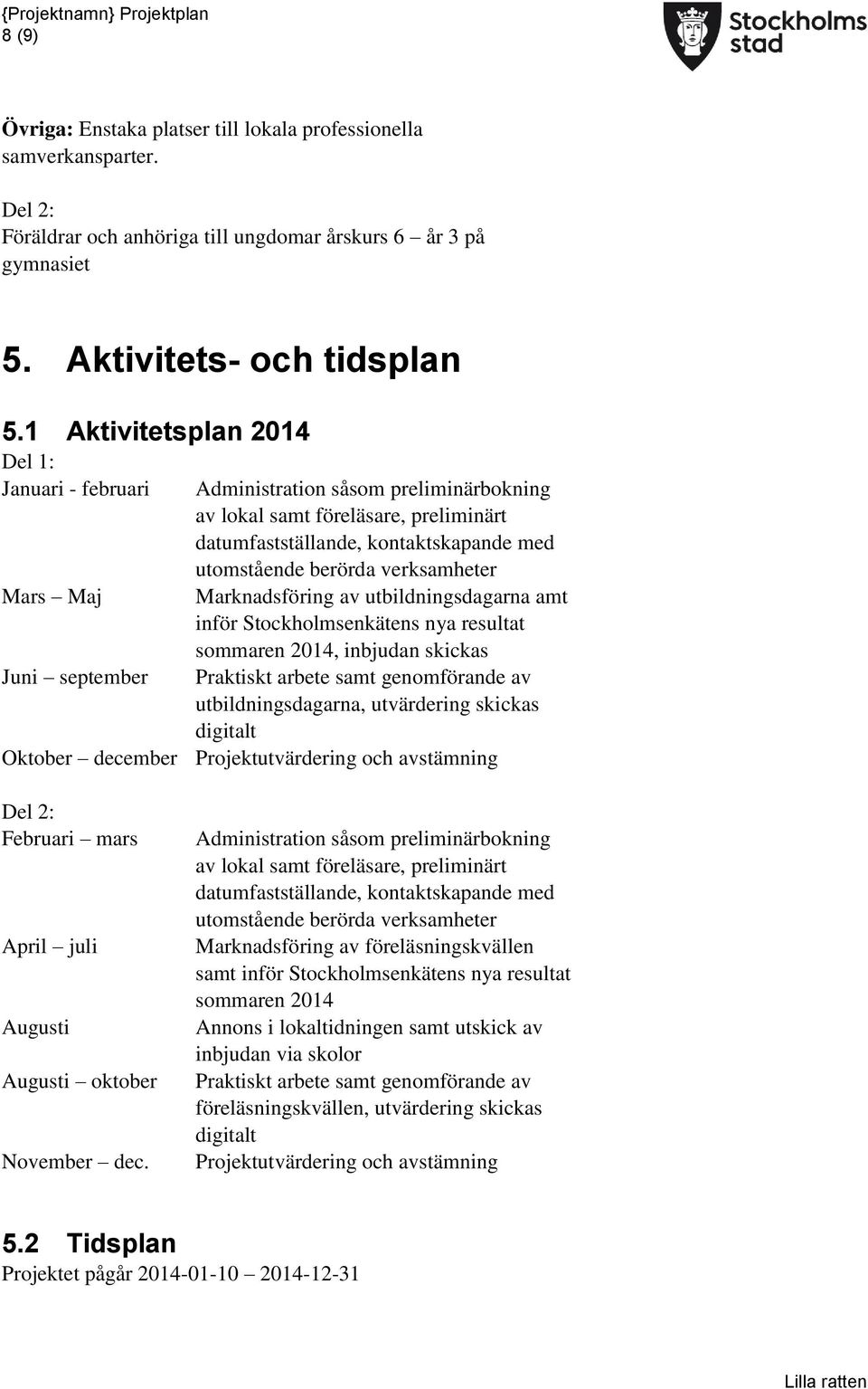 Marknadsföring av utbildningsdagarna amt inför Stockholmsenkätens nya resultat sommaren 2014, inbjudan skickas Juni september Praktiskt arbete samt genomförande av utbildningsdagarna, utvärdering