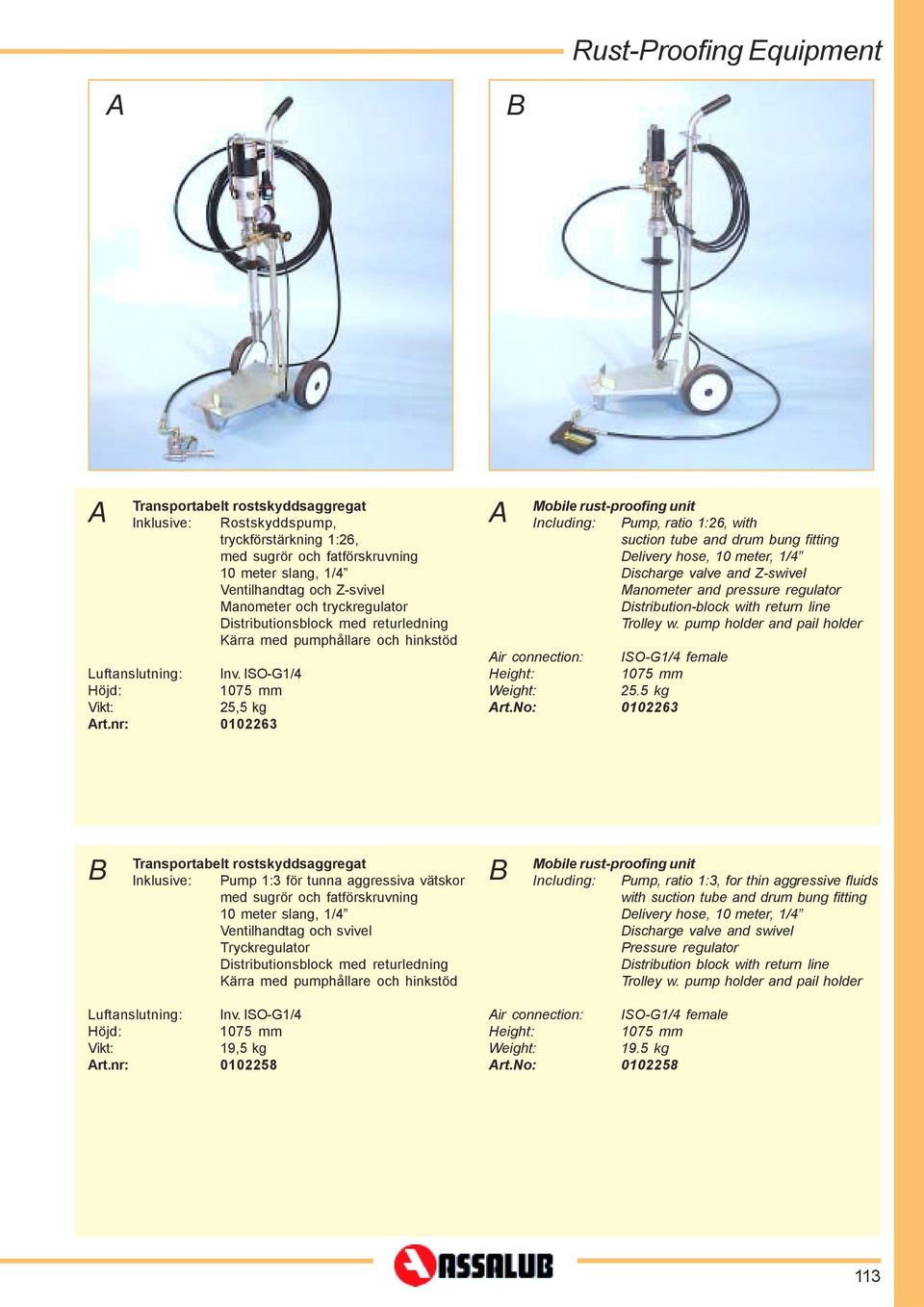 nr: 0102263 Mobile rust-proofing unit Including: Pump, ratio 1:26, with suction tube and drum bung fitting Delivery hose, 10 meter, 1/4 Discharge valve and Z-swivel Manometer and pressure regulator