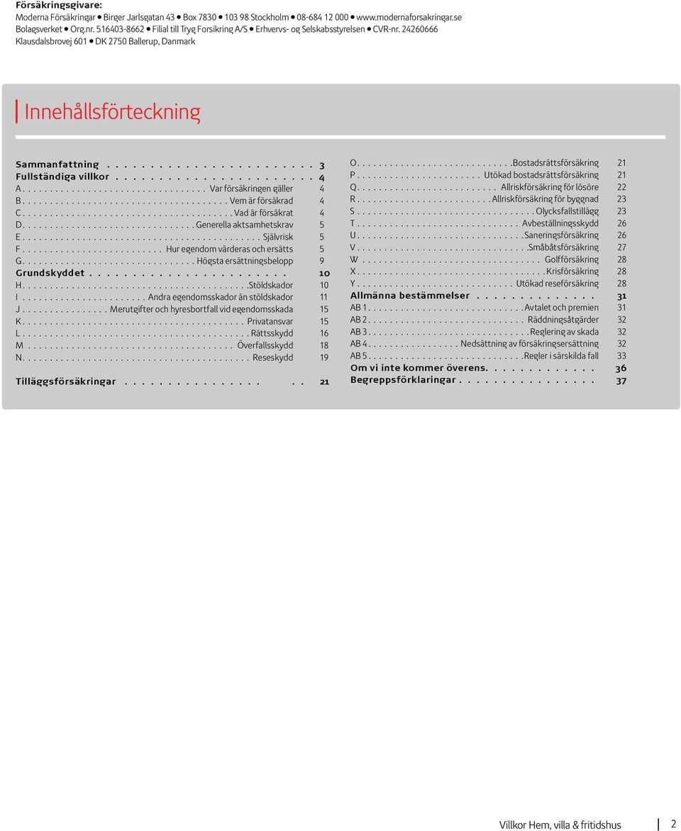 24260666 Klausdalsbrovej 601 DK 2750 Ballerup, Danmark Innehållsförteckning Sammanfattning 3 Fullständiga villkor 4 A Var försäkringen gäller 4 B Vem är försäkrad 4 C Vad är försäkrat 4 D Generella