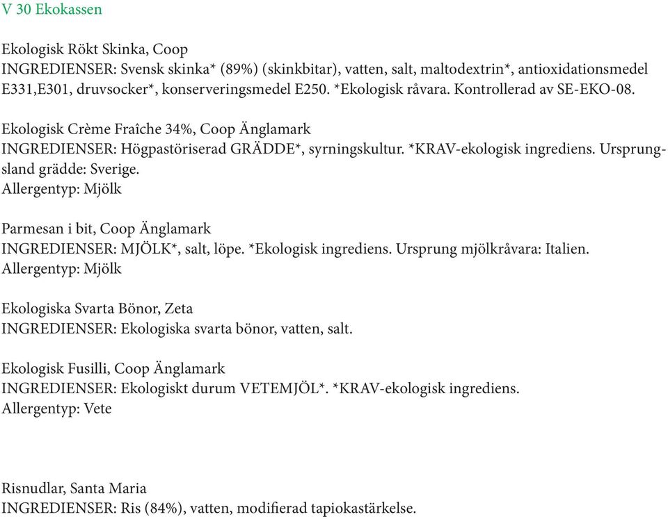 Ursprungsland grädde: Sverige. Allergentyp: Mjölk Parmesan i bit, Coop Änglamark INGREDIENSER: MJÖLK*, salt, löpe. *Ekologisk ingrediens. Ursprung mjölkråvara: Italien.