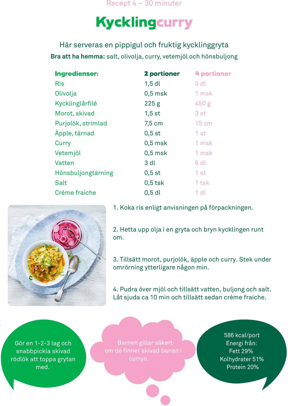 Koka ris enligt anvisningen på förpackningen. 2. Hetta upp olja i en gryta och bryn kycklingen runt om. 3. Tillsätt morot, purjolök, äpple och curry. Stek under omrörning ytterligare någon min. 4.