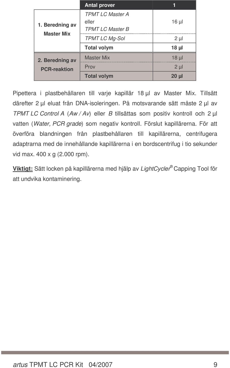 till varje kapillär 18 µl av Master Mix. Tillsätt därefter 2 µl eluat från DNA-isoleringen.