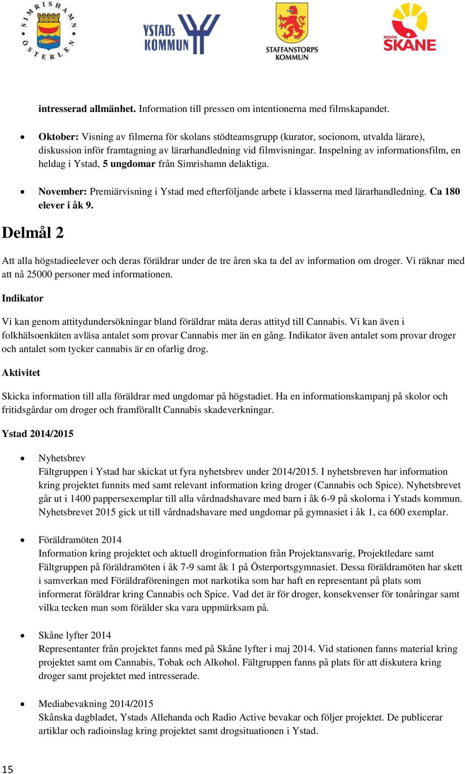 Inspelning av informationsfilm, en heldag i Ystad, 5 ungdomar från Simrishamn delaktiga. November: Premiärvisning i Ystad med efterföljande arbete i klasserna med lärarhandledning.