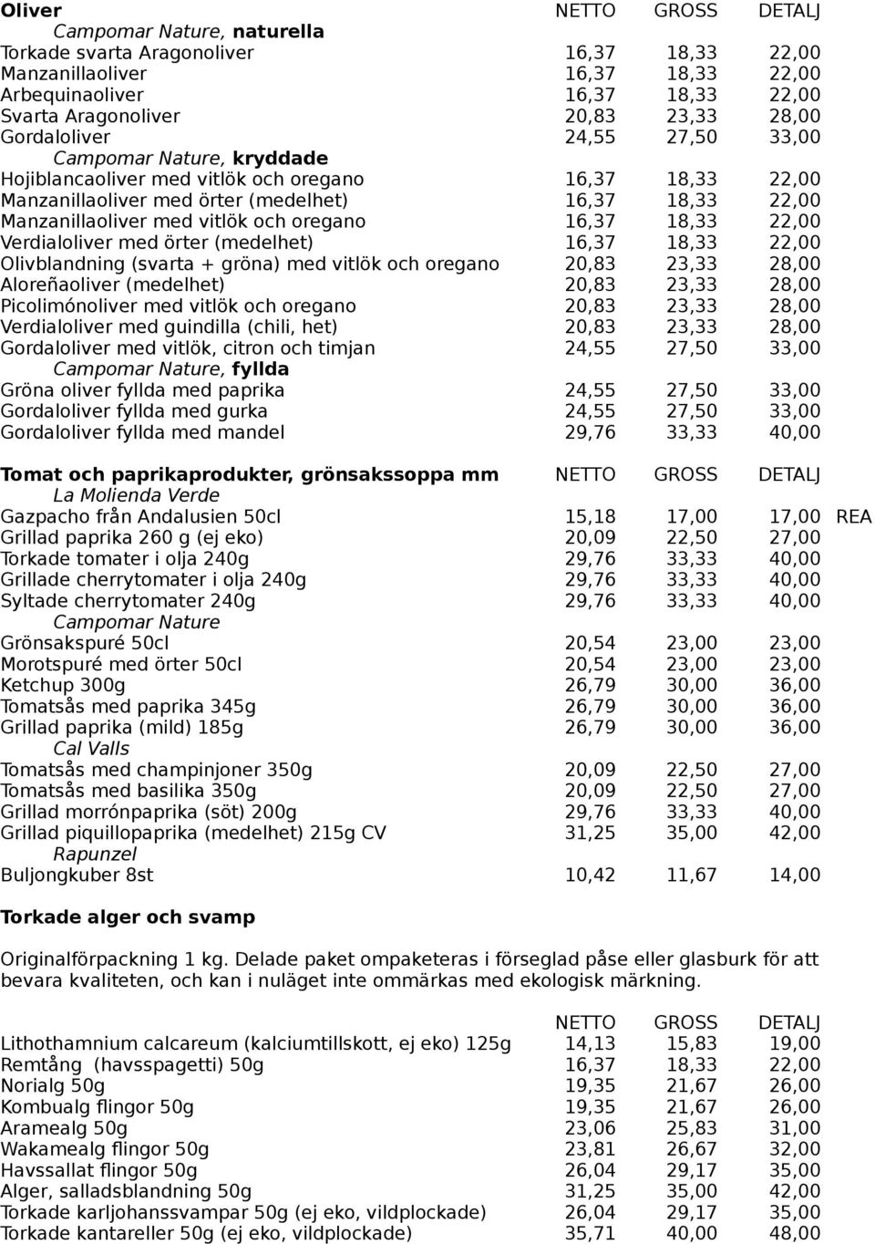 Verdialoliver med örter (medelhet) 16,37 18,33 22,00 Olivblandning (svarta + gröna) med vitlök och oregano 20,83 23,33 28,00 Aloreñaoliver (medelhet) 20,83 23,33 28,00 Picolimónoliver med vitlök och