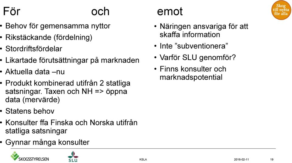 Taxen och NH => öppna data (mervärde) Statens behov Konsulter ffa Finska och Norska utifrån statliga satsningar