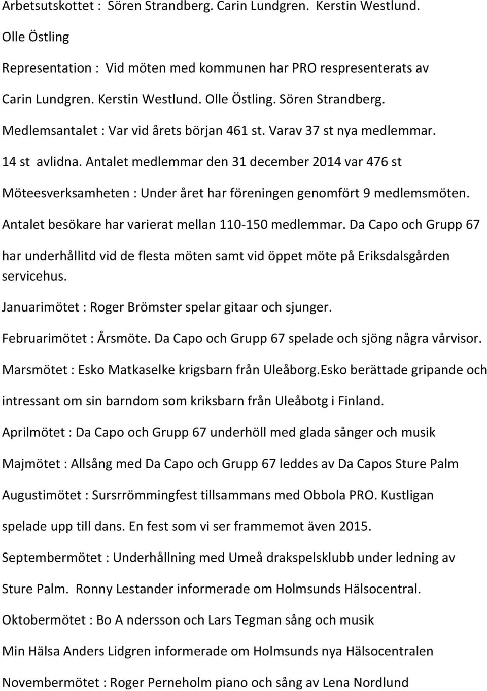 Antalet besökare har varierat mellan 110-150 medlemmar. Da Capo och Grupp 67 har underhållitd vid de flesta möten samt vid öppet möte på Eriksdalsgården servicehus.