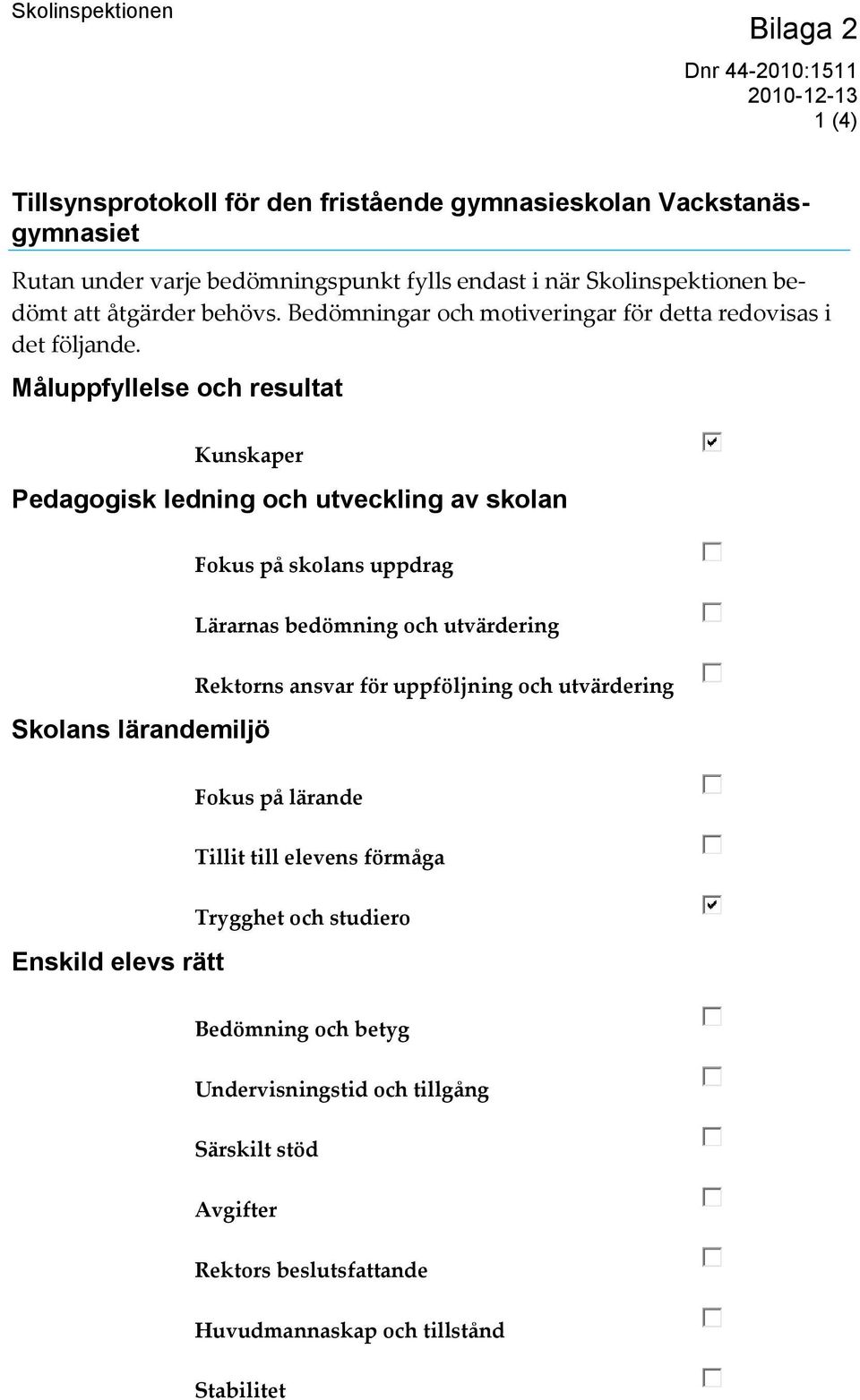 Måluppfyllelse och resultat Kunskaper Pedagogisk ledning och utveckling av skolan Fokus på skolans uppdrag Lärarnas bedömning och utvärdering Skolans lärandemiljö