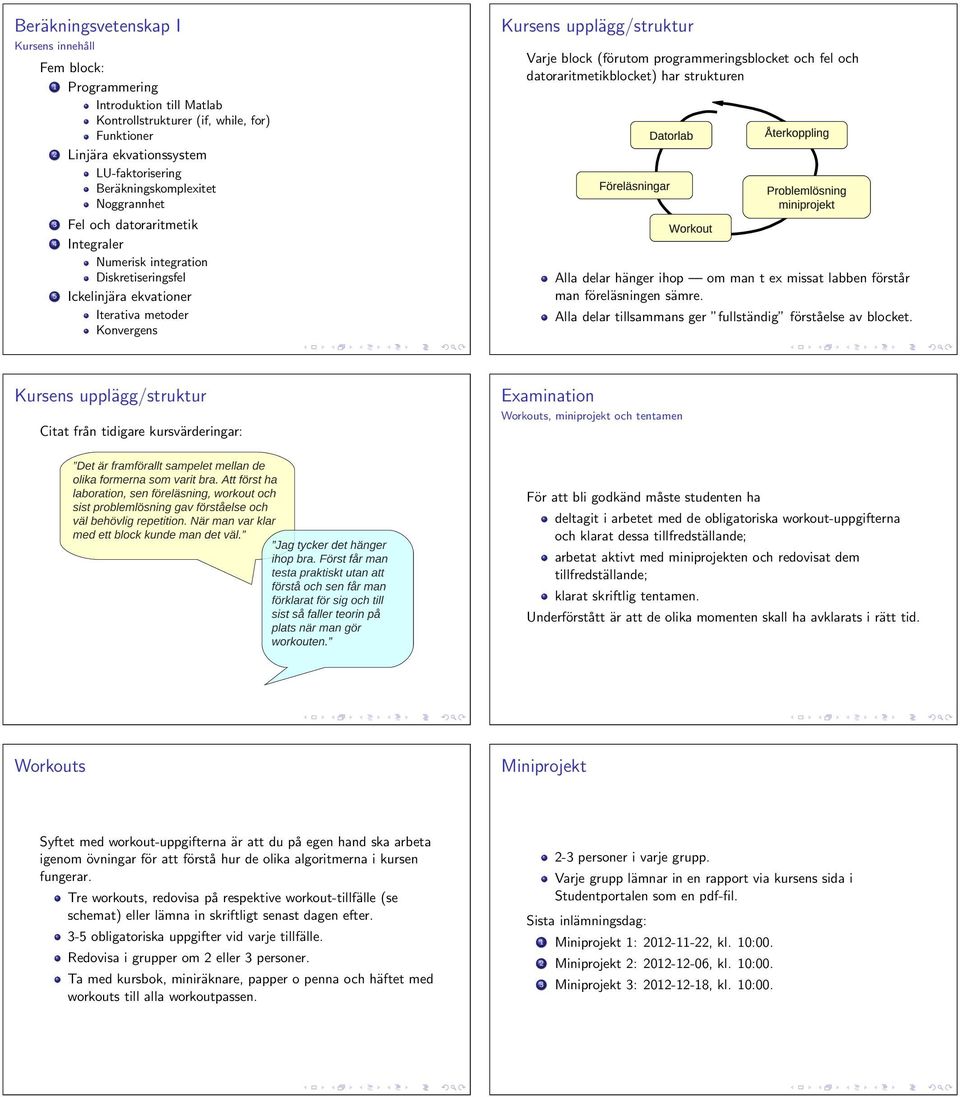 block (förutom programmeringsblocket och fel och datoraritmetikblocket) har strukturen Alla delar hänger ihop om man t ex missat labben förstår man föreläsningen sämre.